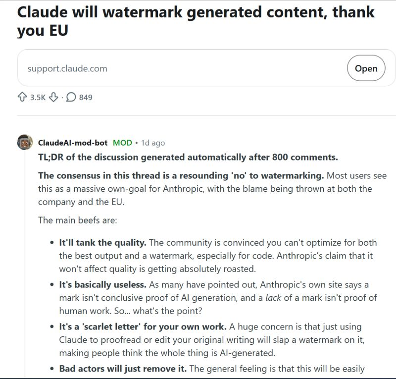 Un hilo de Reddit reaccionando a la marca de contenido generado por Claude.